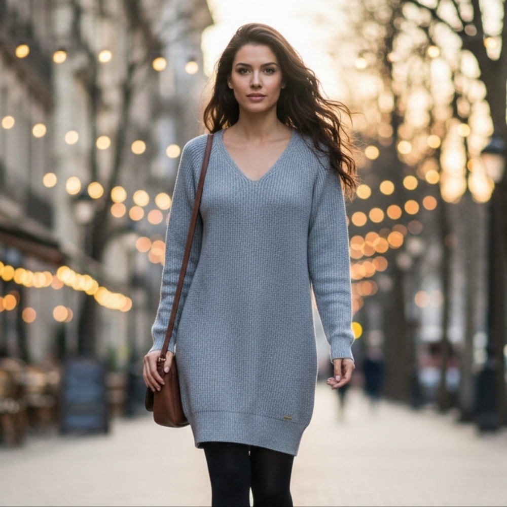 U.S. Polo Assn Womens Cozy Preppy Grey Knit Midi Length Sweater Dress Size Small